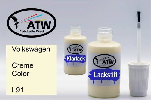 Volkswagen, Creme Color, L91: 20ml Lackstift + 20ml Klarlack - Set, von ATW Autoteile West.
